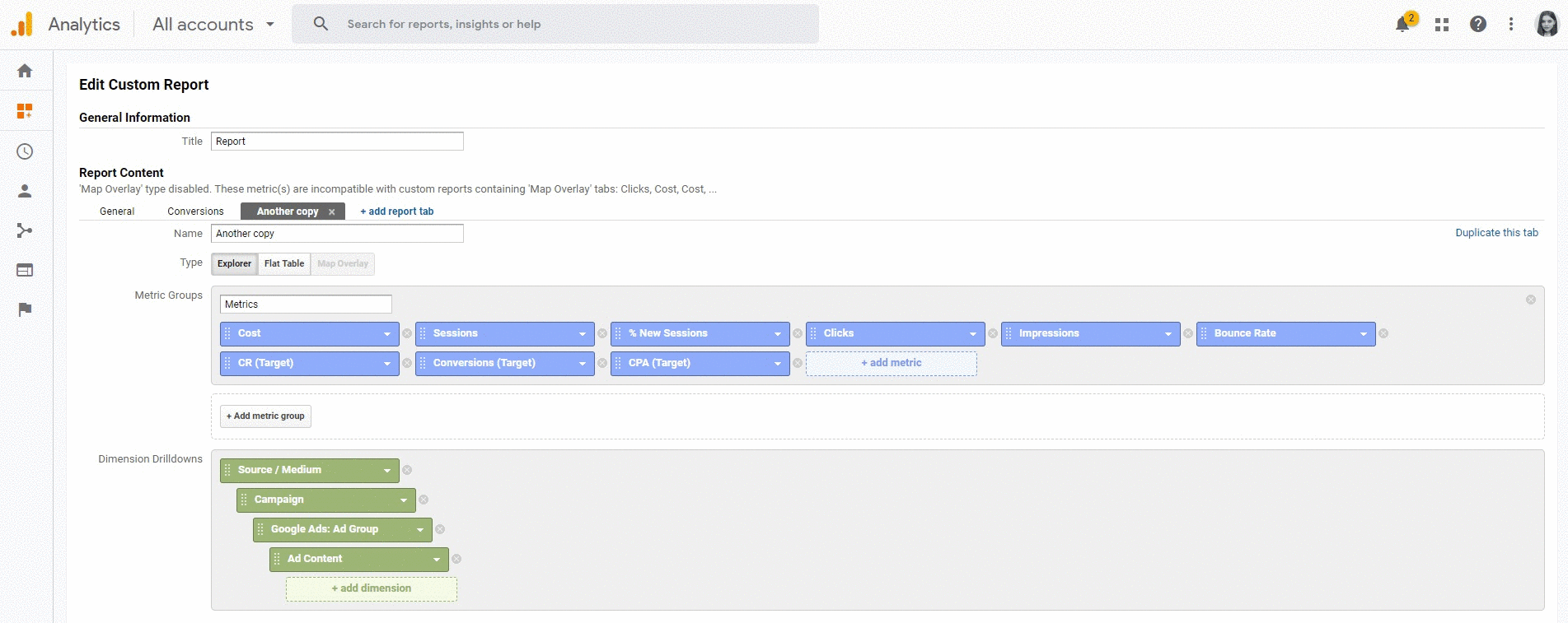 A limited number of columns and metrics in custom reports