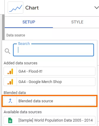 To use the combined data, first add a graph. Then, open the <b>“</b><b>Data source”</b> drop-down list and select the blended source you created earlier