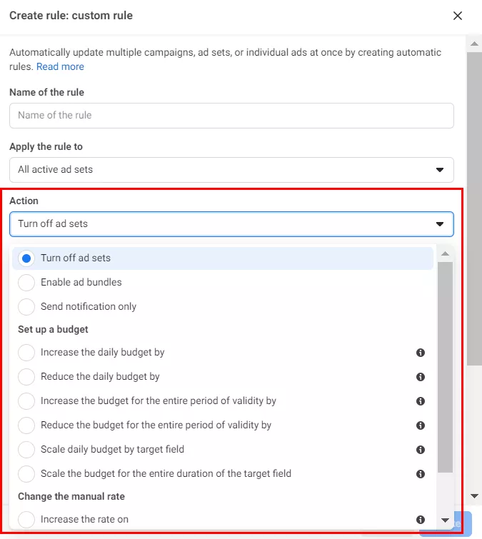 After defining the asset, select the action you want the rule to perform.