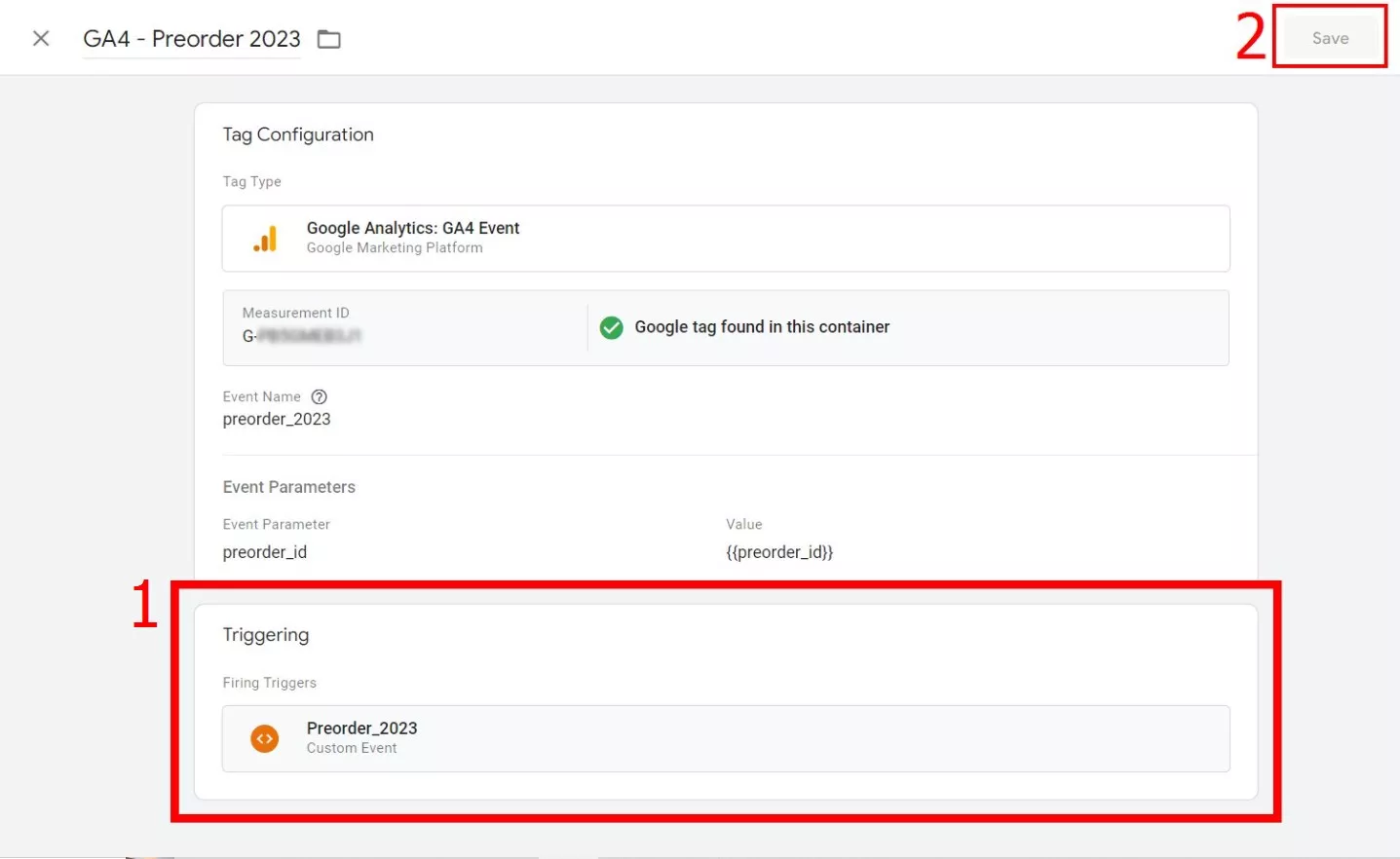 After setting up the event parameters, add a trigger to activate the event and save the tag