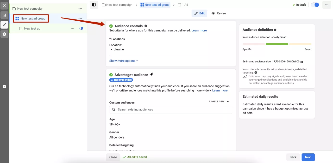 Click Audience controls to start setting up audiences.