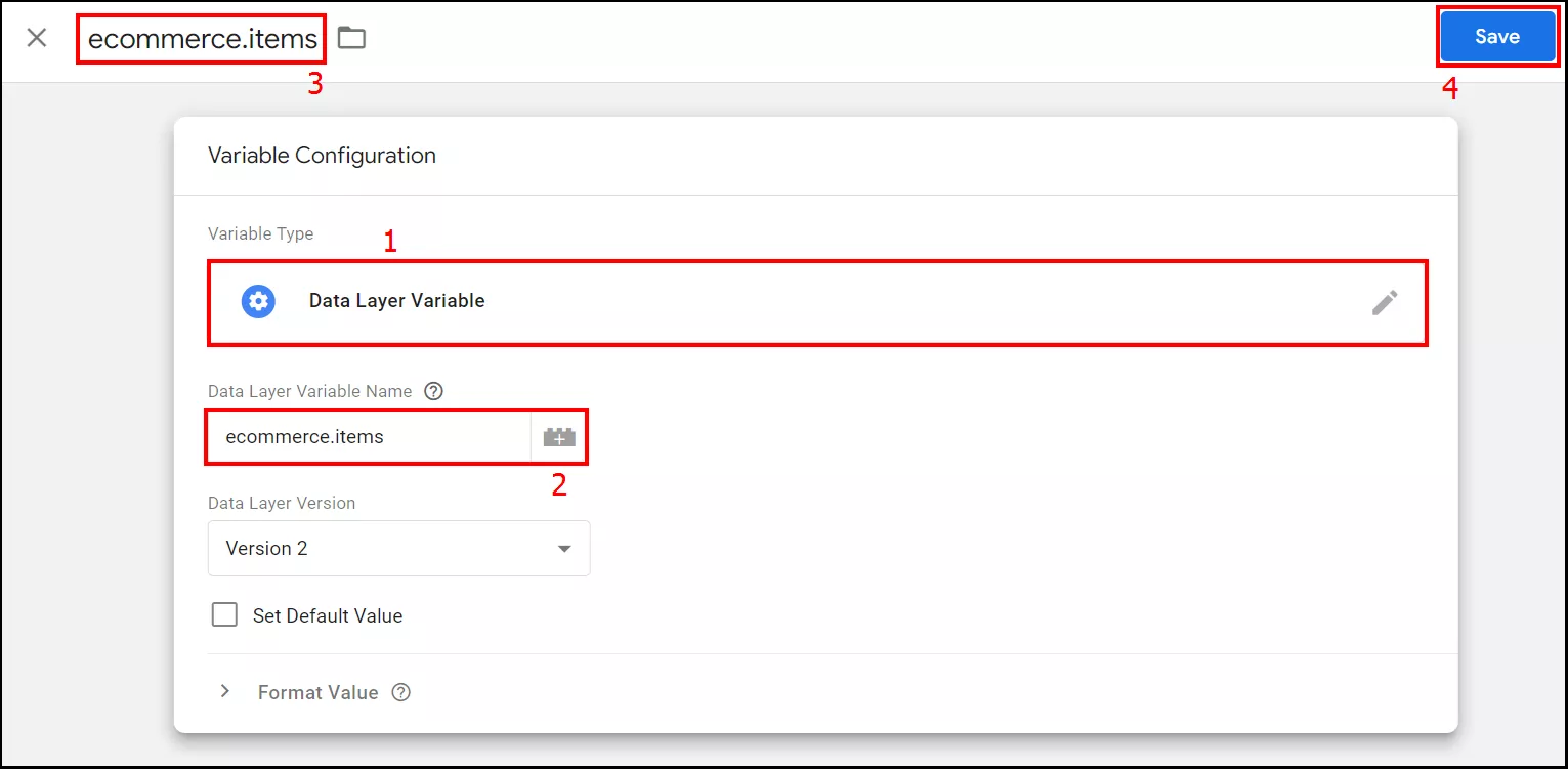 Data layer variable name: ecommerce.items