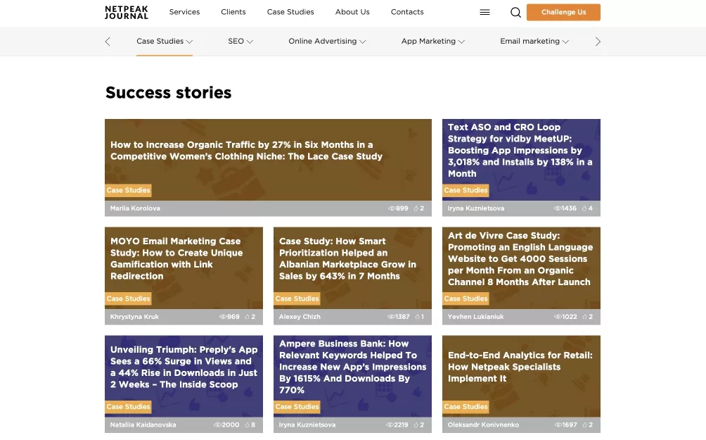 Earned media. For example, the Netpeak Journal features customer case studies with brand mentions