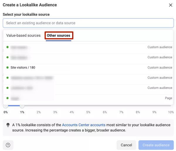 Existing audiences are pre-created custom audiences.