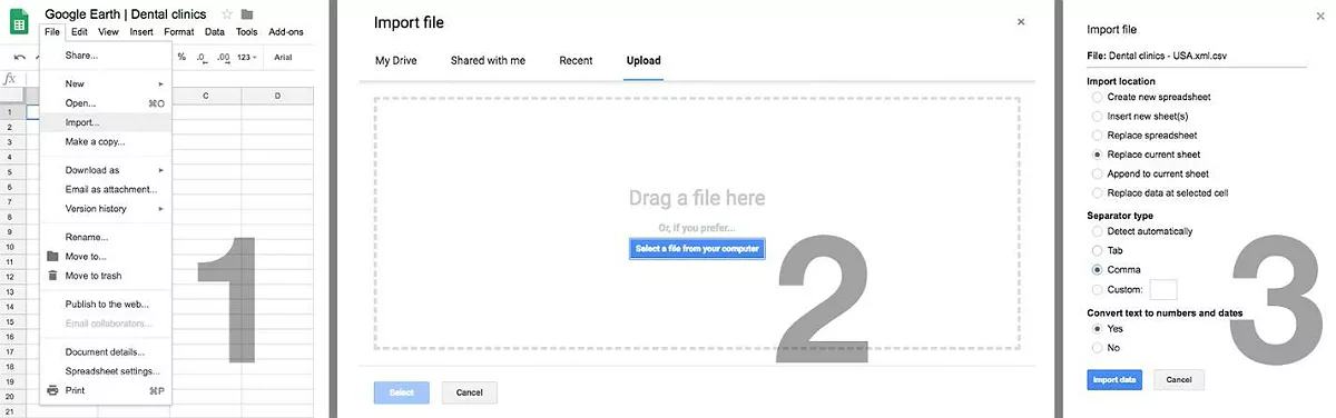 Once the .csv file is ready, import it into the table with the settings
