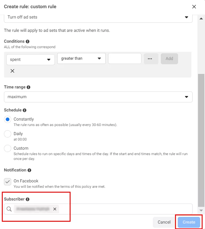 Finally, enter the name of the person to be notified when the rule conditions are met and click Create.