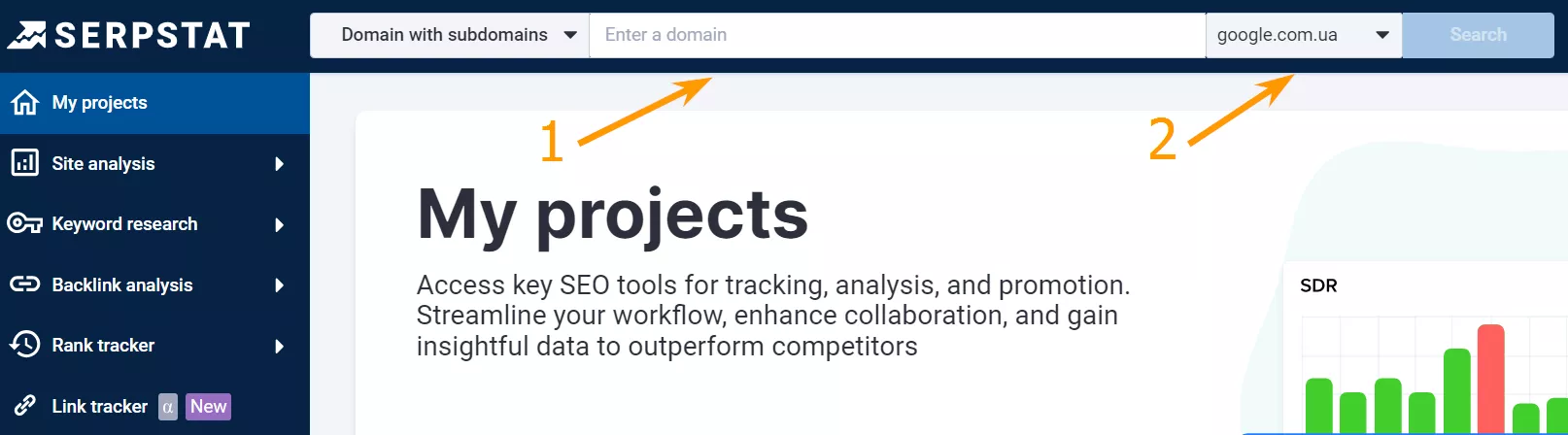 Enter your site in the search bar (1) and select a region (2)