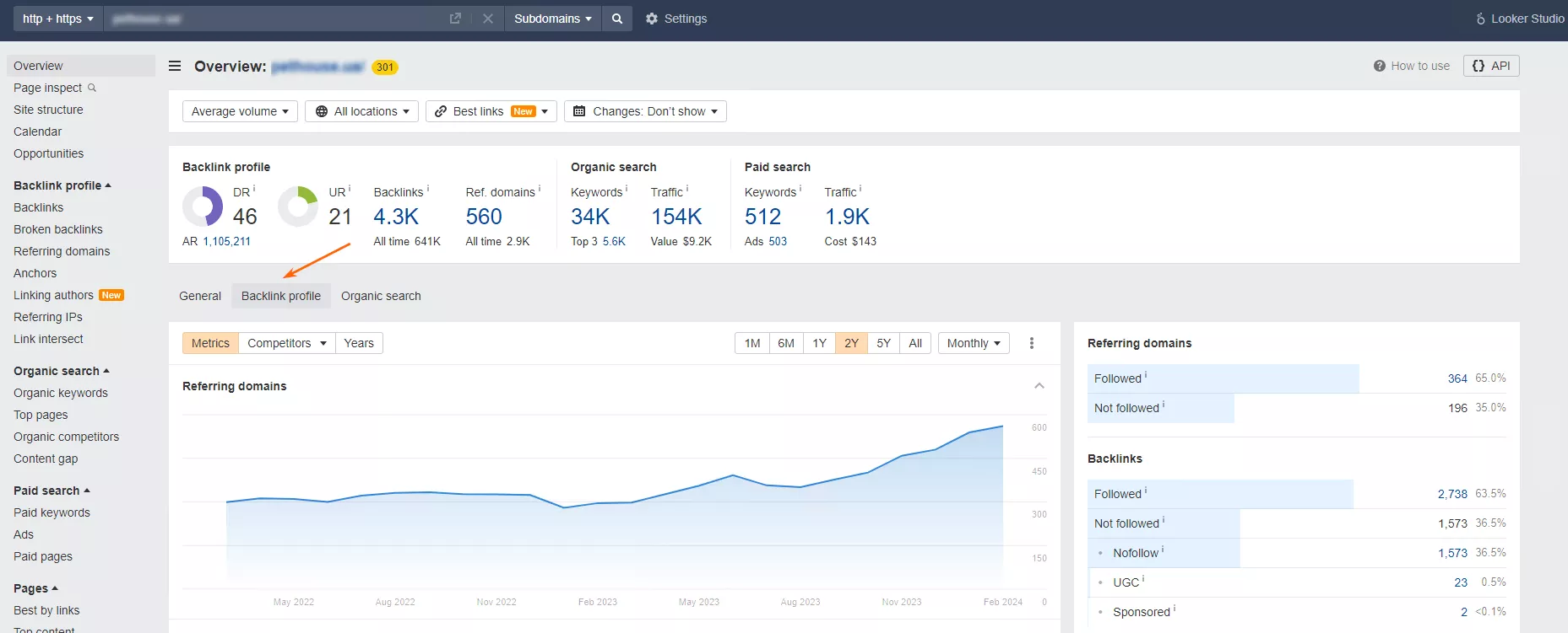 Determining the regionality of competitors’ backlinks is an important part of the analysis, as it will also help you select donors for collaboration. To find out the regionality of your opponent’s donors, go to Ahrefs and select the <b>Backlink Profile</b> tab on the first <b>Overview </b>page