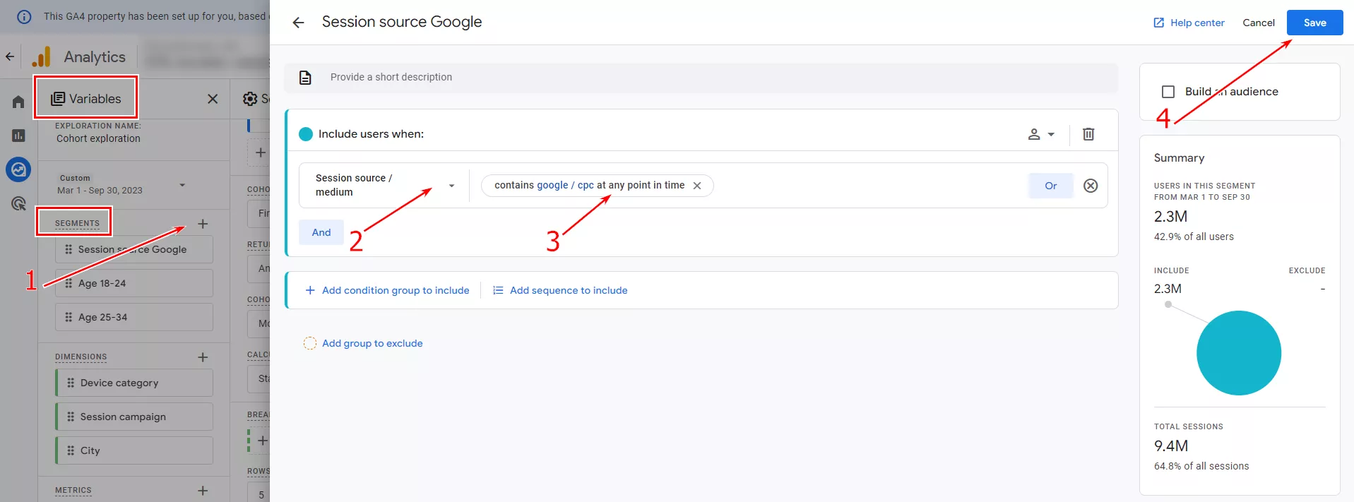 Use the same method to create a segment that includes users with the session source condition Contains Facebook/CFS value at any time.