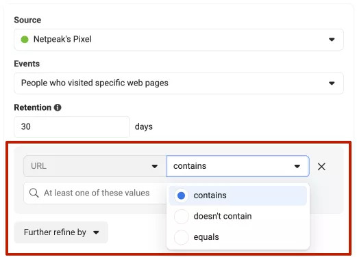If necessary, enter a URL that contains, does not contain, or equals a specific page address.