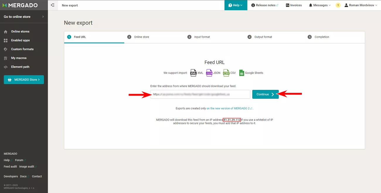 Add a link to the feed and click Continue