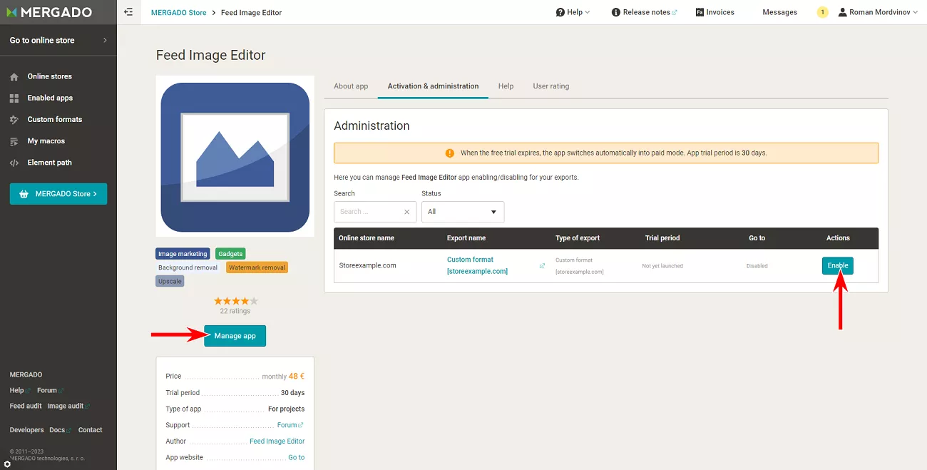 Then click Manage app > Enable to activate the app in the project line