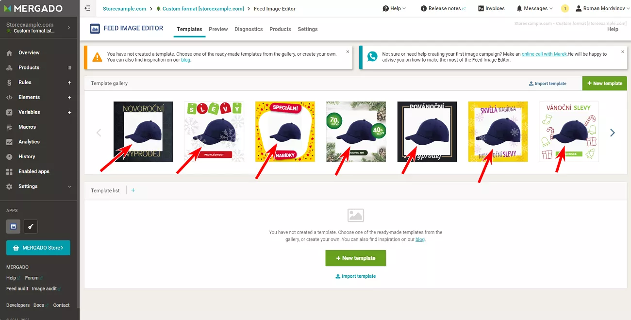 a product image from the feed will appear in the Templates tab within the presets