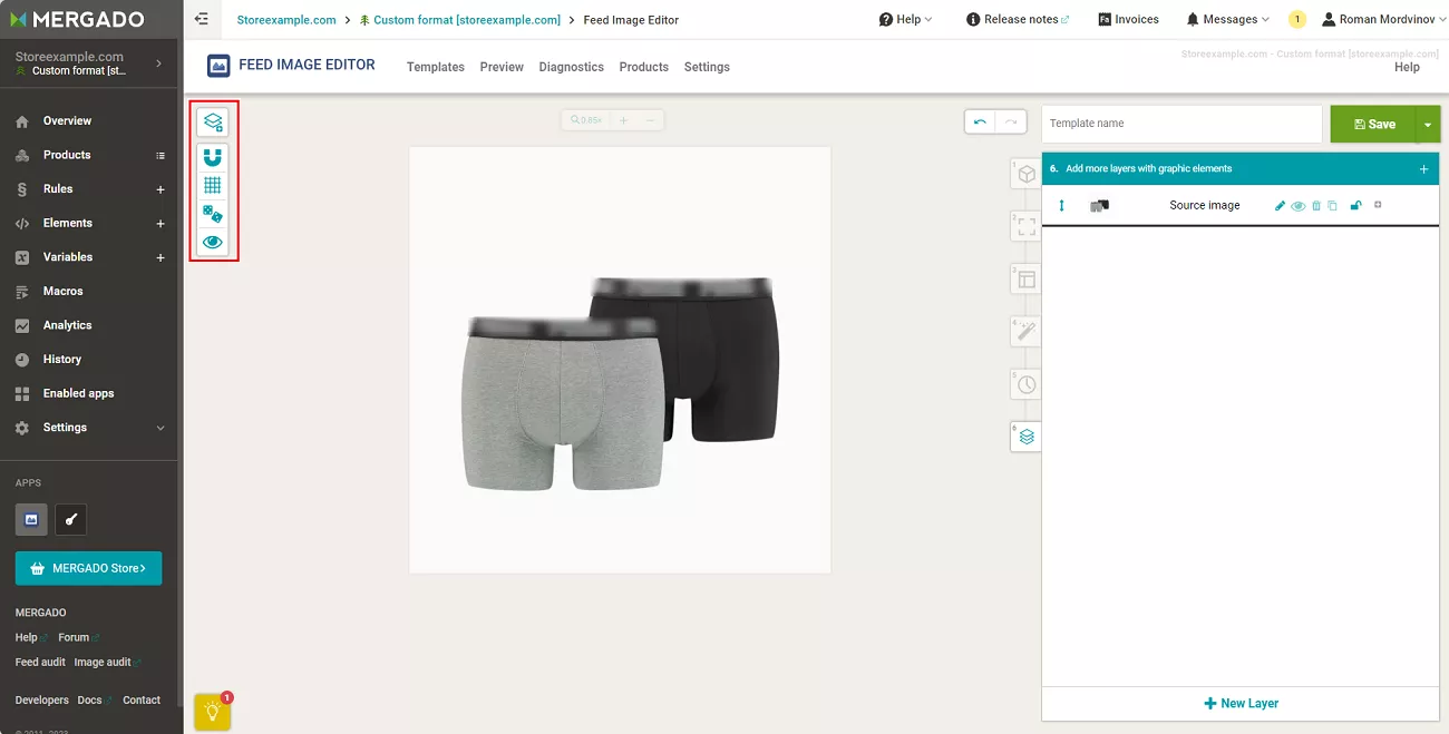The eye icon renders the final view of the image in the exported feed