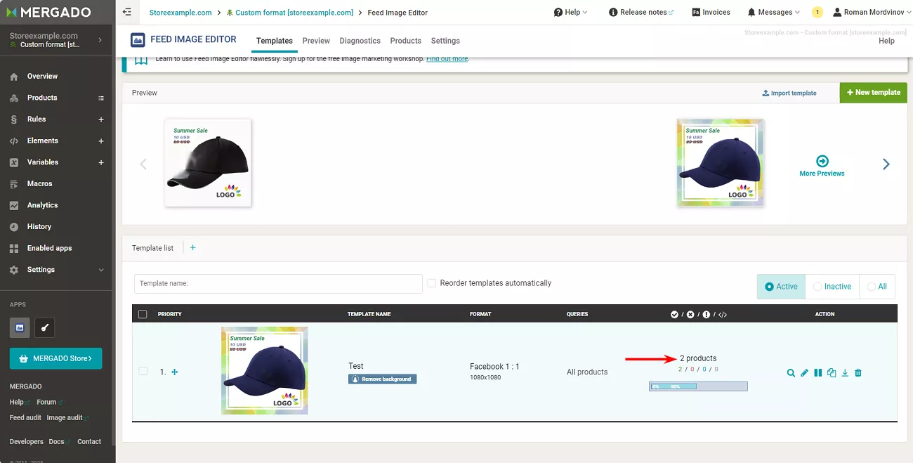 After creating the first template and exiting the editor, you will notice that the template is applied to a limited number of products