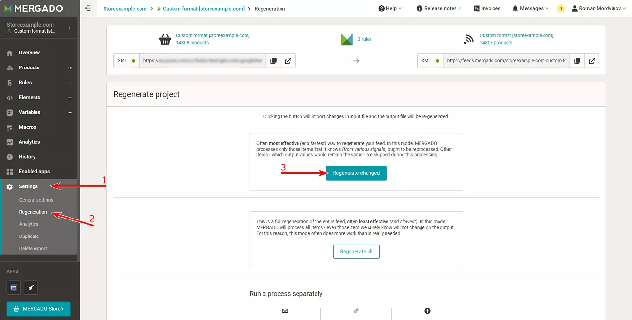 In the left menu, click Settings > Regenerate > Regenerate changed. This starts updating all changed data