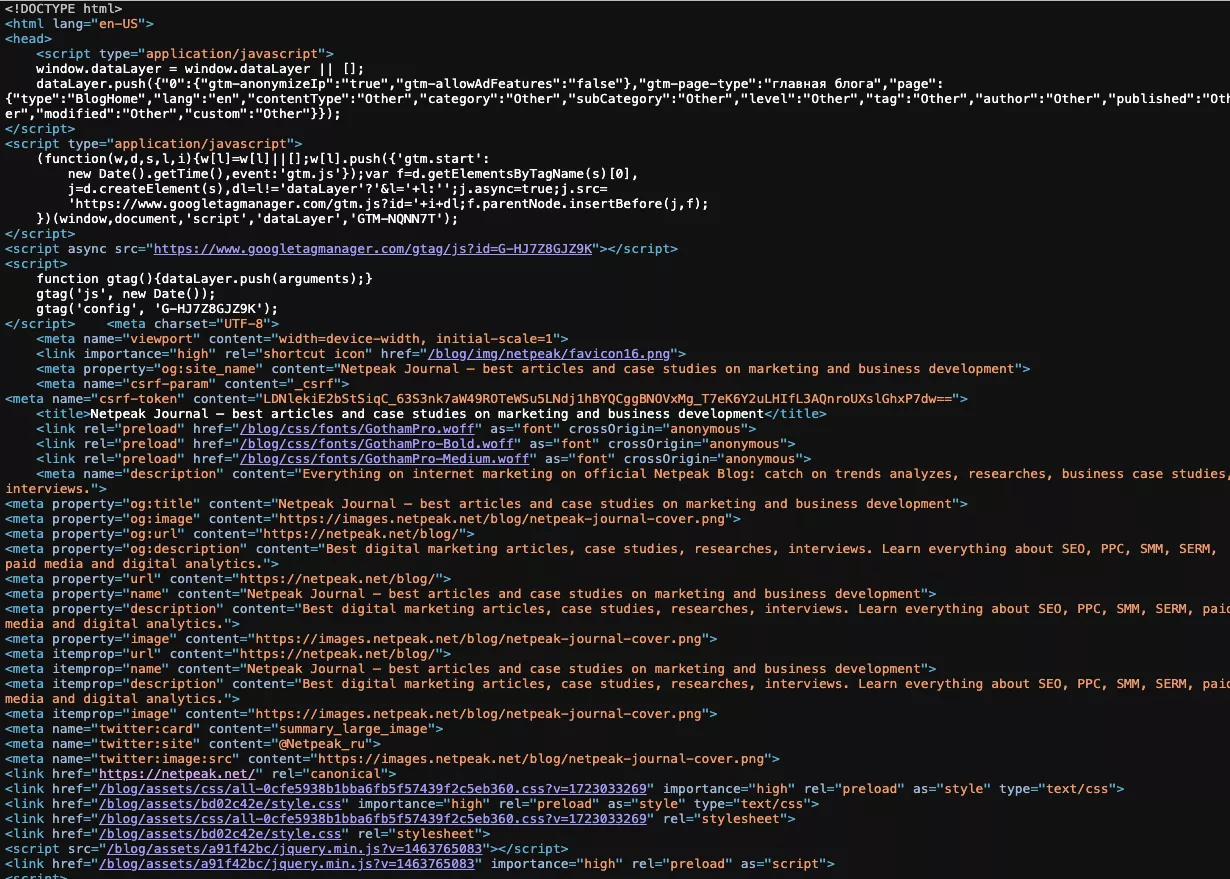 An example of HTML markup for the Netpeak Journal main page