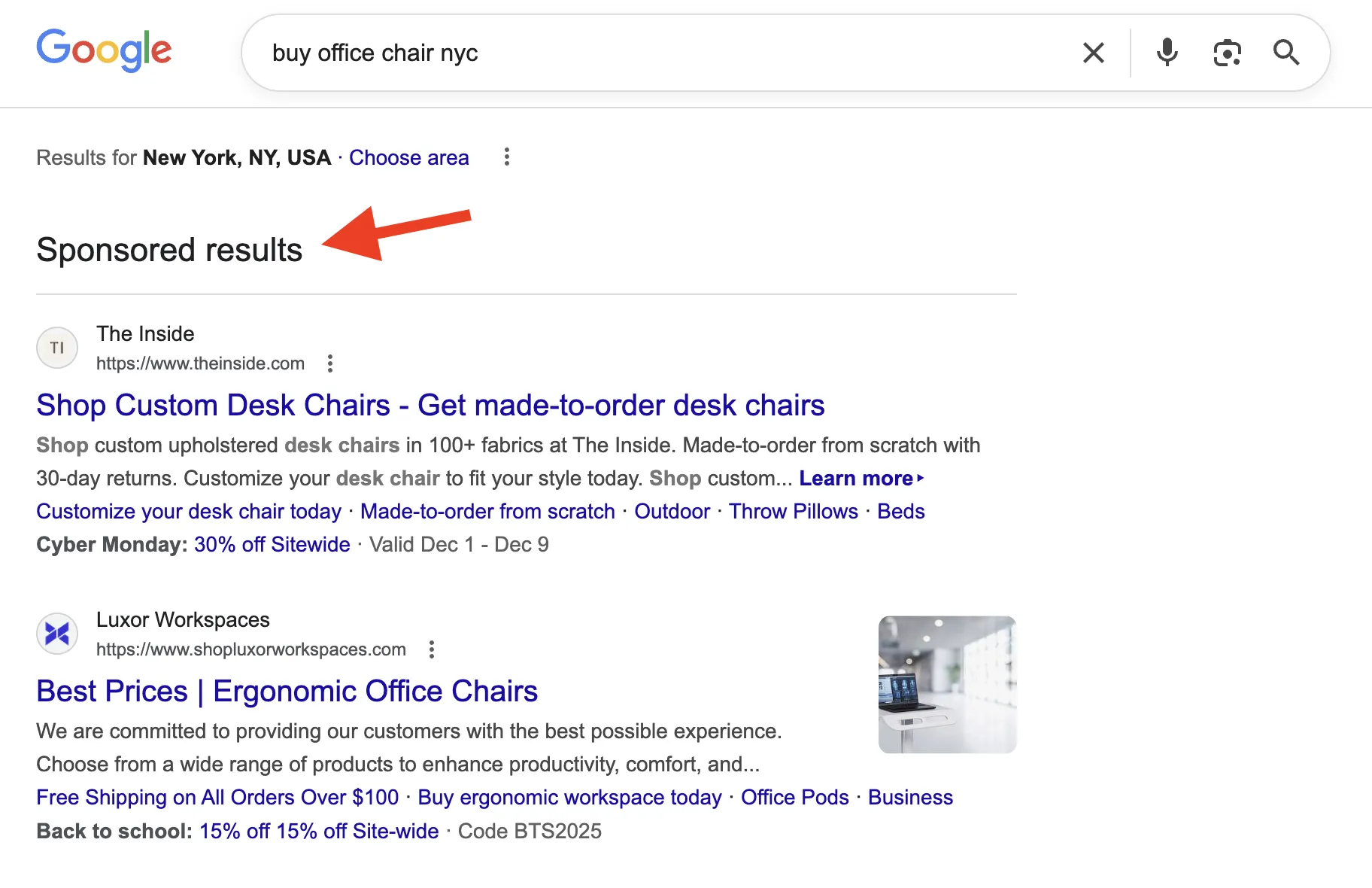 Google Ads for the keyword “buy office chair NYC.”