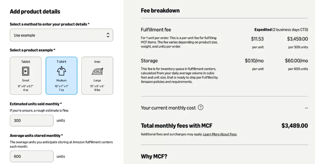 Amazon MCF pricing calculator