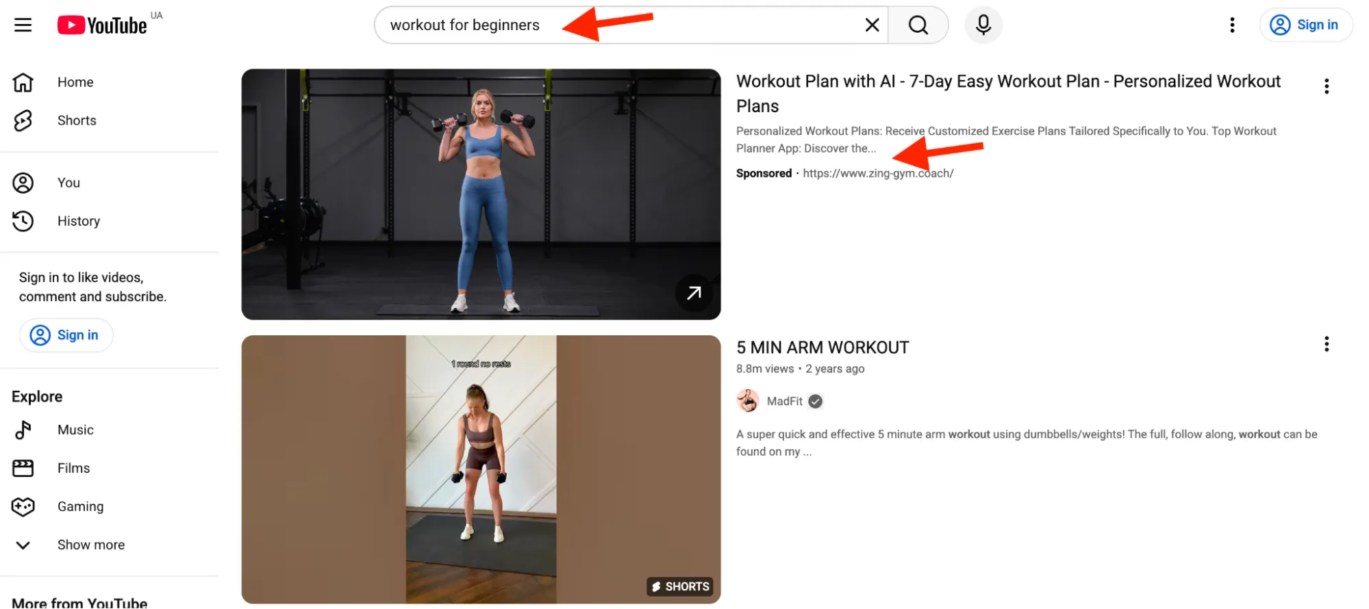 A fitness app shows its workout video in the YouTube search results