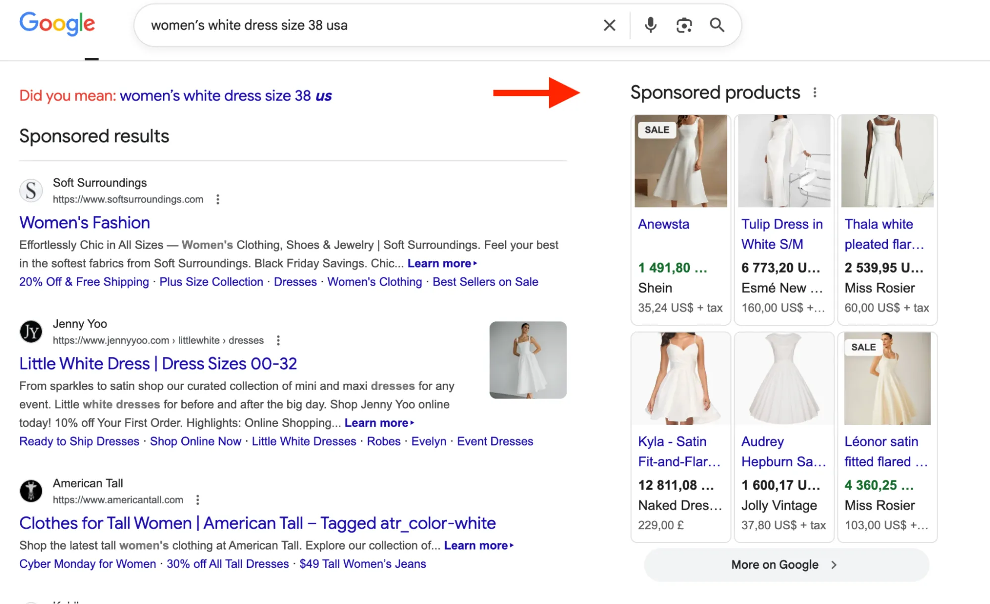 Google Shopping Ads for the keywords “women’s white dress size 38.”