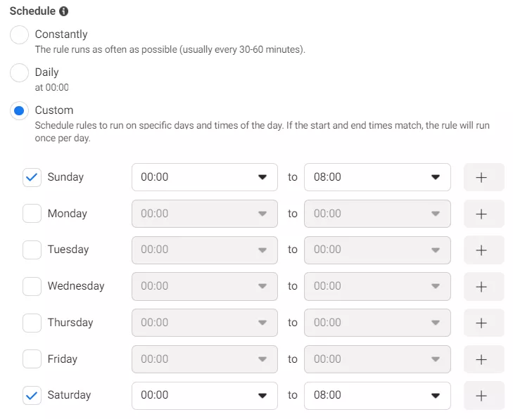 In the Schedule section, make sure Custom is selected and select Saturday and Sunday to apply the rule on those days.