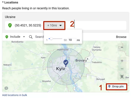 It is also possible to place a point on the map using the Drop pin button and set the radius of the distance from this point.