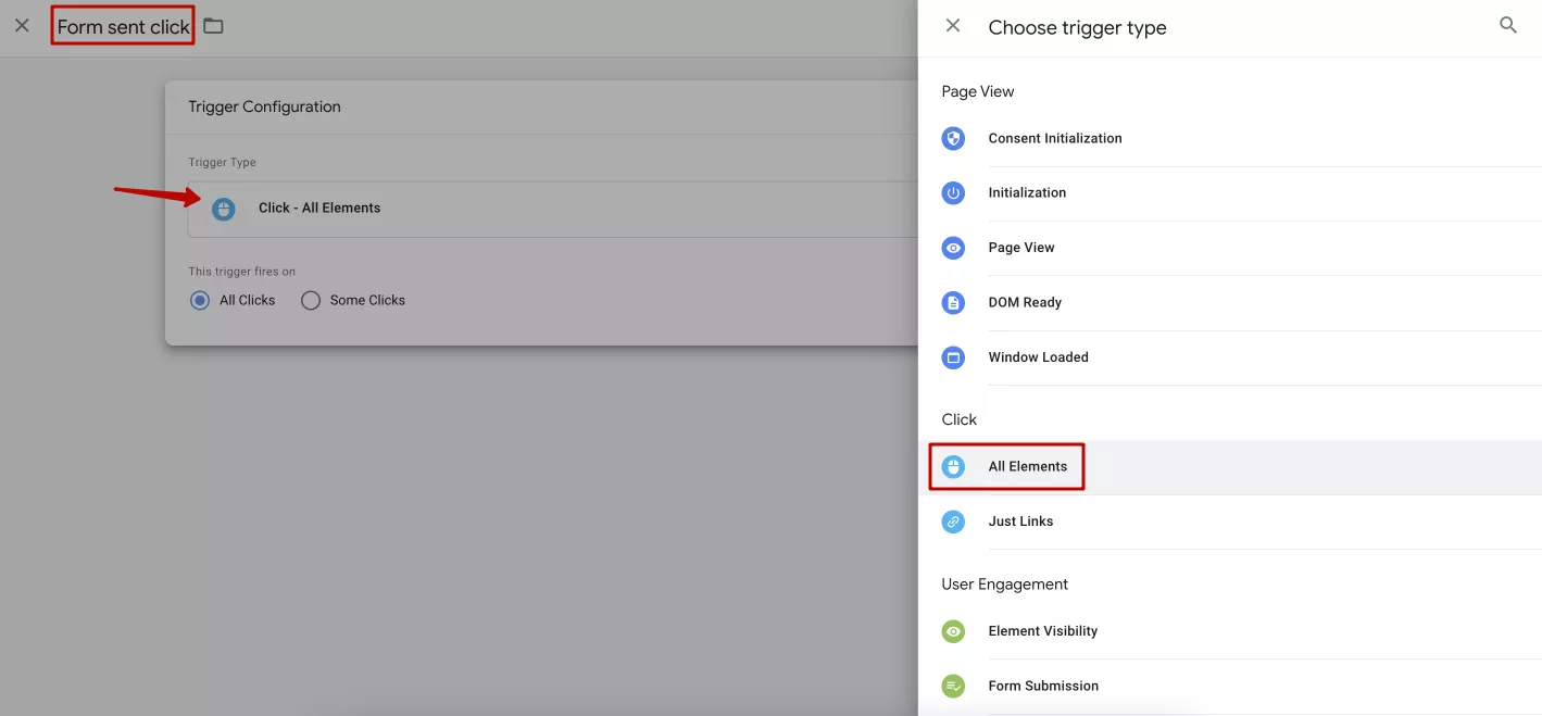 Name the new trigger and select the <b>Click </b>– <b>All Elements</b> type