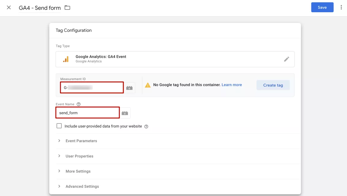 Next, enter the Analytics data stream ID and a name for your event as usual
