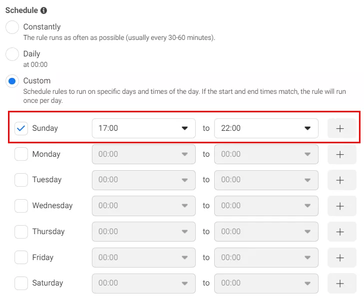 Next, in the Schedule section, select Custom and enter the time from 17:00 to 22:00.