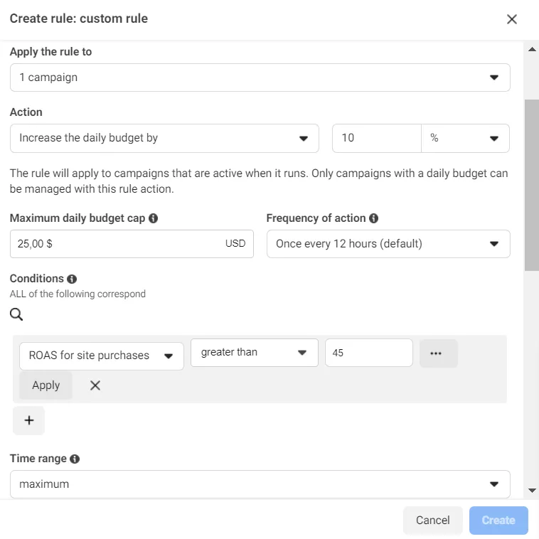 Next, select ROAS for site purchases and enter the desired amount.