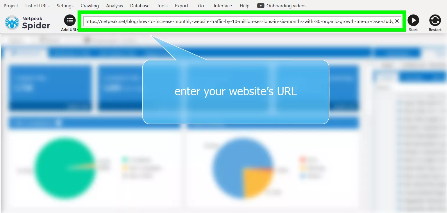 Open Netpeak Spider and start a new project by entering your website&rsquo;s URL