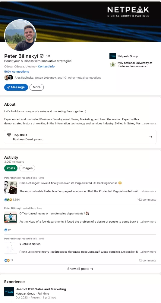 Example of a completed page linkedin