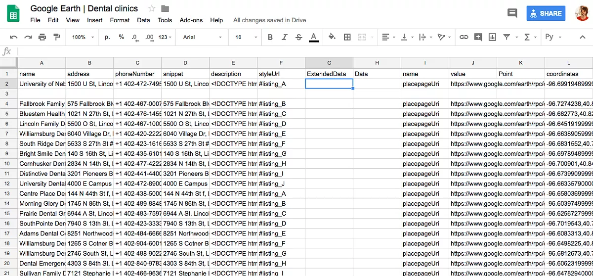 As a result, the workspace in Google Sheets looks like this after cleaning up unnecessary columns