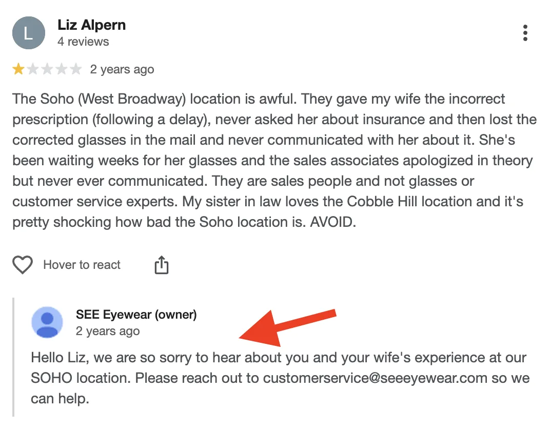 SEE Eyewear — Google Business Profile Review Management