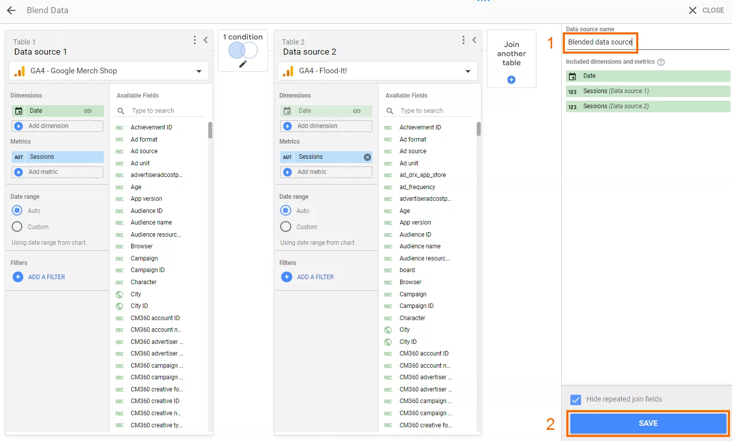 Add a name for the blended data source (optional) and click the <b>“</b><b>Save” </b>button