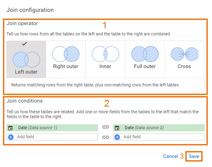 Select the desired join operator and conditions in a new window, and then click the <b>“</b><b>Save” </b>button