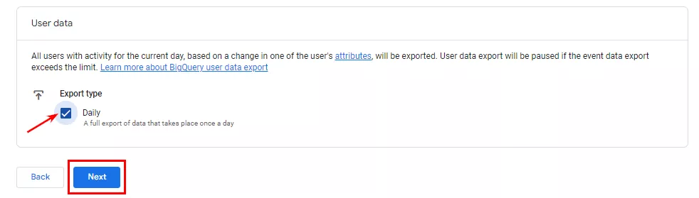 Теперь включите экспорт пользовательских данных и нажмите Next.