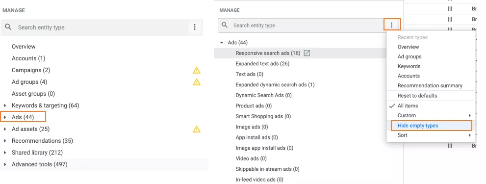 I recommend you click Hide empty types to leave only those assets used in your campaigns