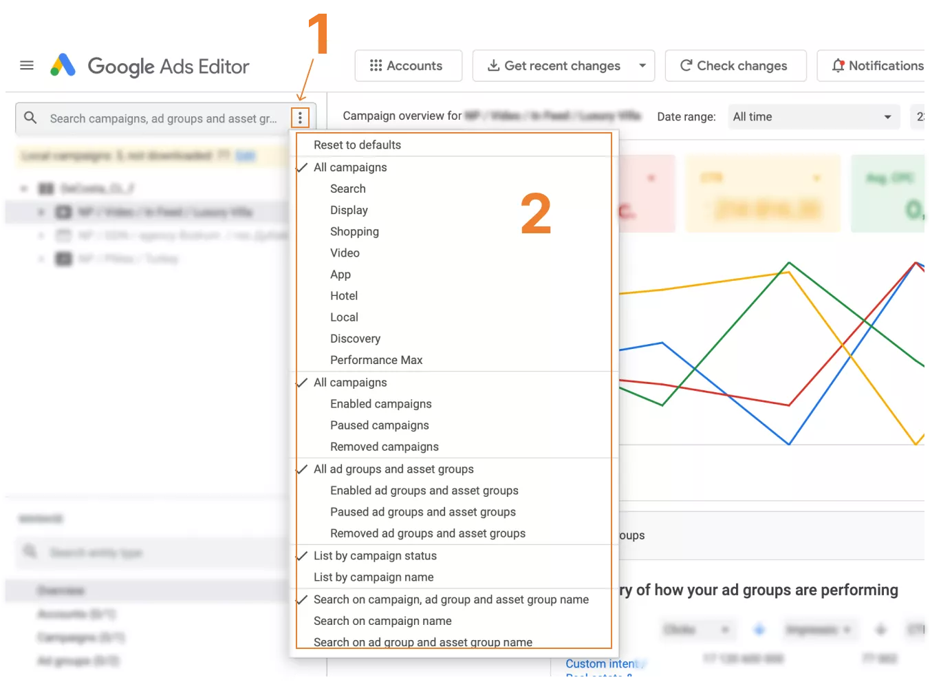 Simply click on the three-dot menu on the right, and choose the types of campaigns or ad groups you want to see and the ones you want to temporarily hide