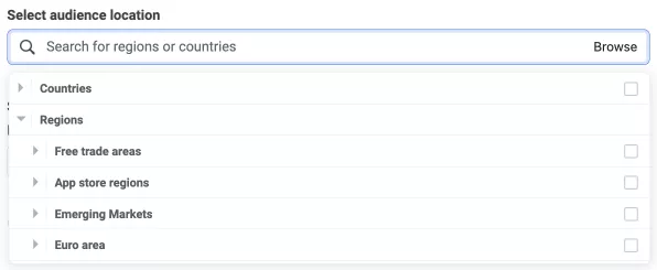 The next configuration step is to select the audience location in terms of country or region.