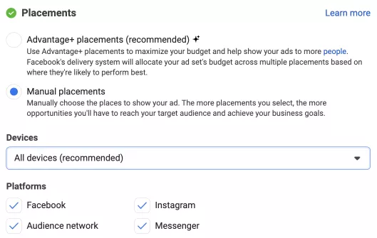 The next thing to select is the placement platform, where you should select only the platforms you need.