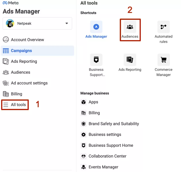 There is another way to create custom audiences. To do this, open the Meta Ads Manager side menu, select All tools, and click Audiences.