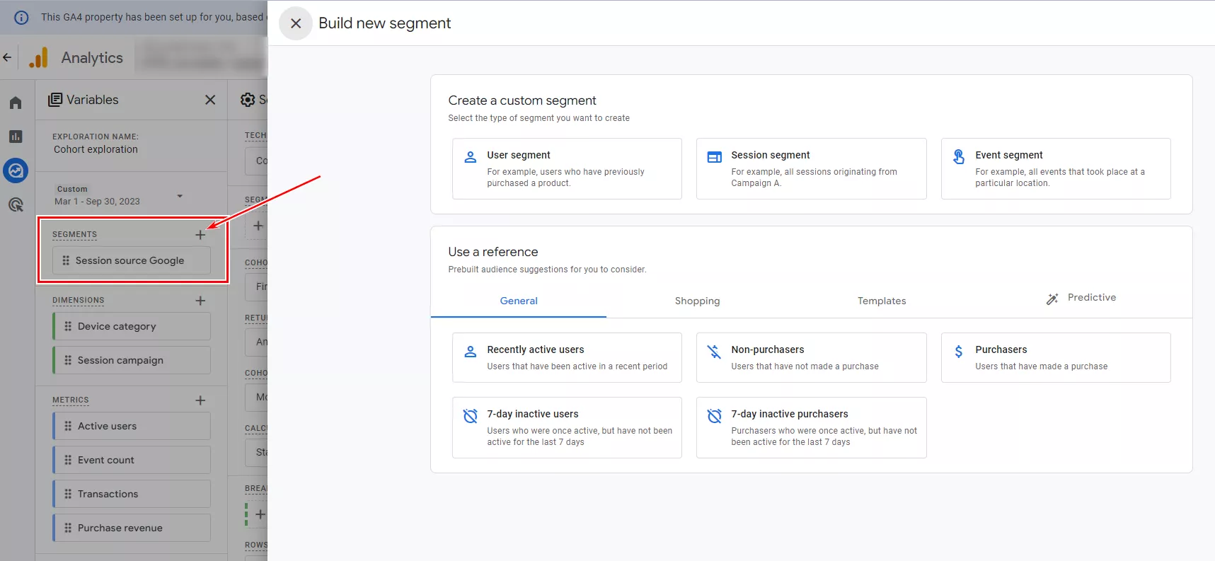 To create a new segment, click the plus sign. It is worth giving it a name for convenience.