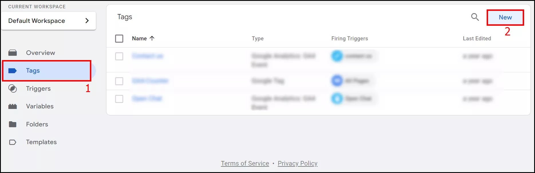 To create tags in the same workspace, select Tags and click New