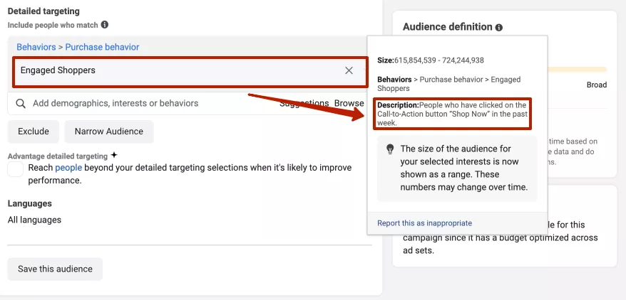 To do this, add Engaged shoppers to your detailed targeting settings.
