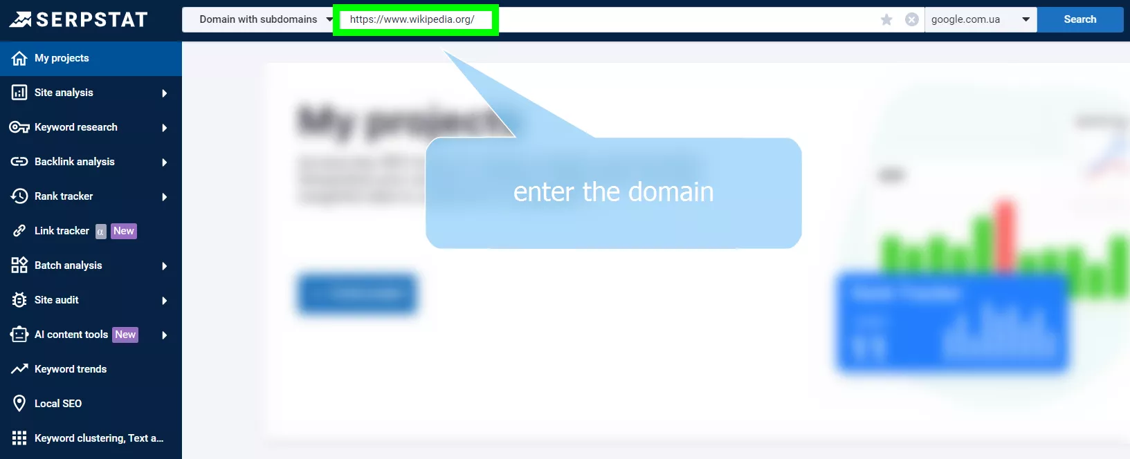 Type the website&rsquo;s domain name into the Serpstat search bar to check for sitelinks.