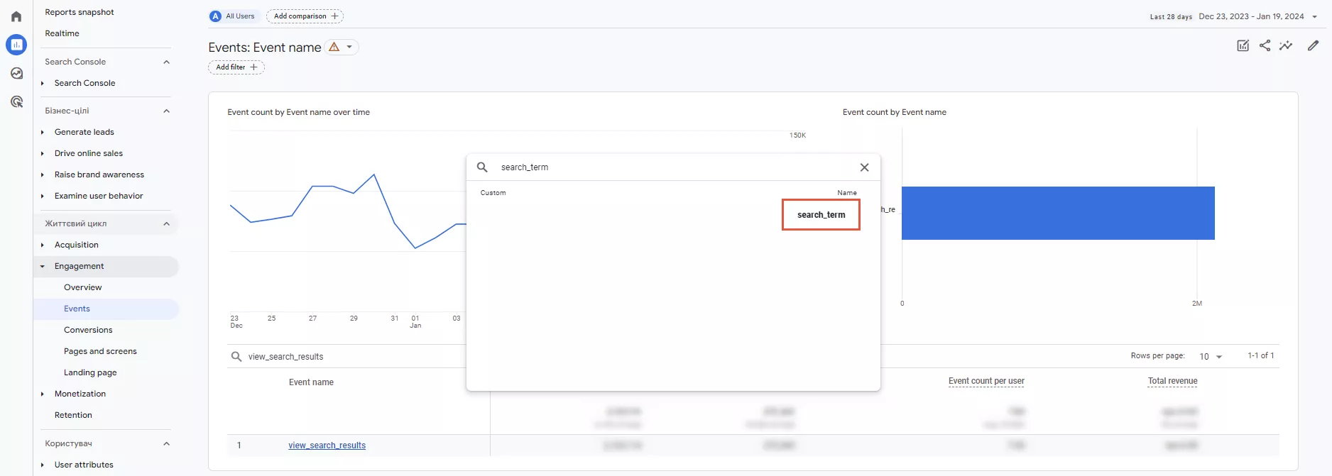 Введіть у пошуку потрібну подію «view_search_results».