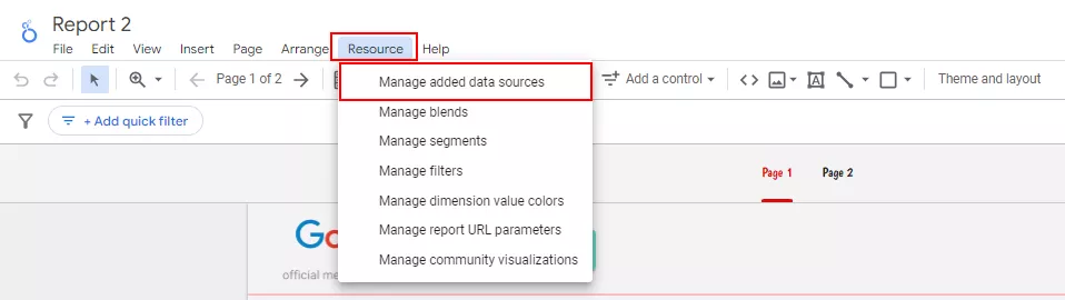 Выберите Resource — Manage added data sources.