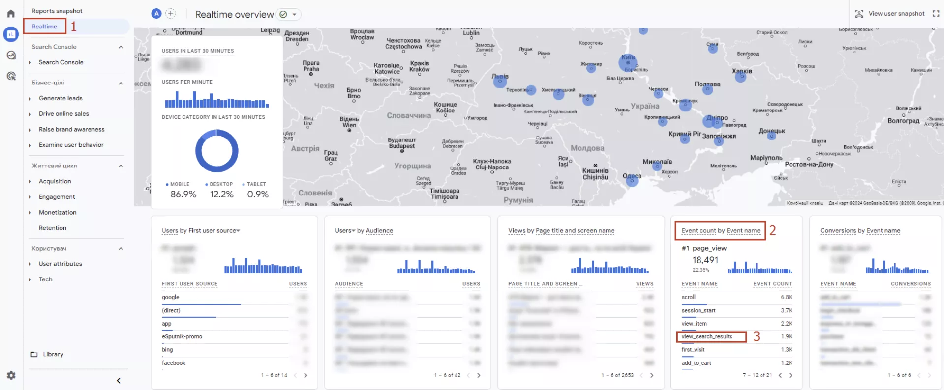Знайдіть звіт по подіях та подію view_search_results.